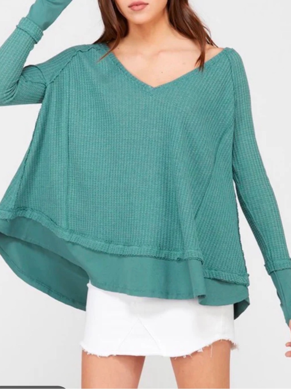 We The Free Teal V-Neck Waffle Knit Long Sleeve Top